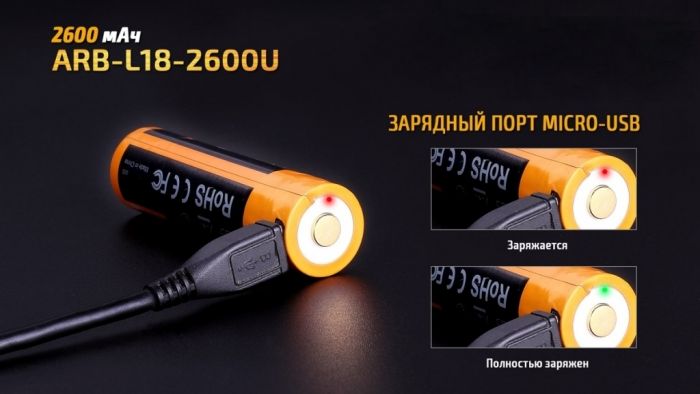 Аккумулятор 18650 Fenix 2600U mAh с разъемом для USB