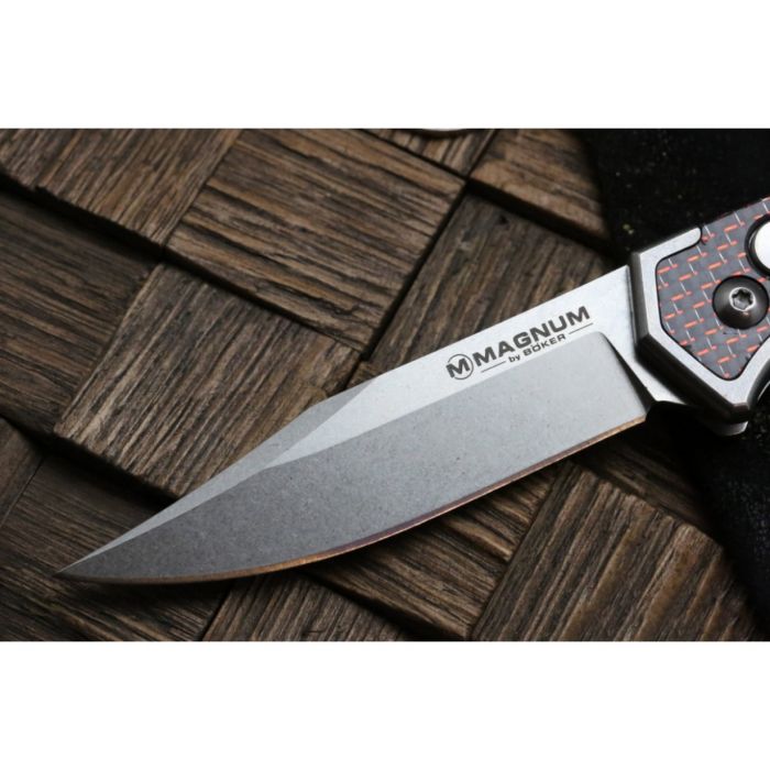 Полуавтоматический складной нож Magnum Rubico Auto - Boker 01SC054, сталь 440A Stonewash, рукоять карбон/нержавеющая сталь, чёрно-красный